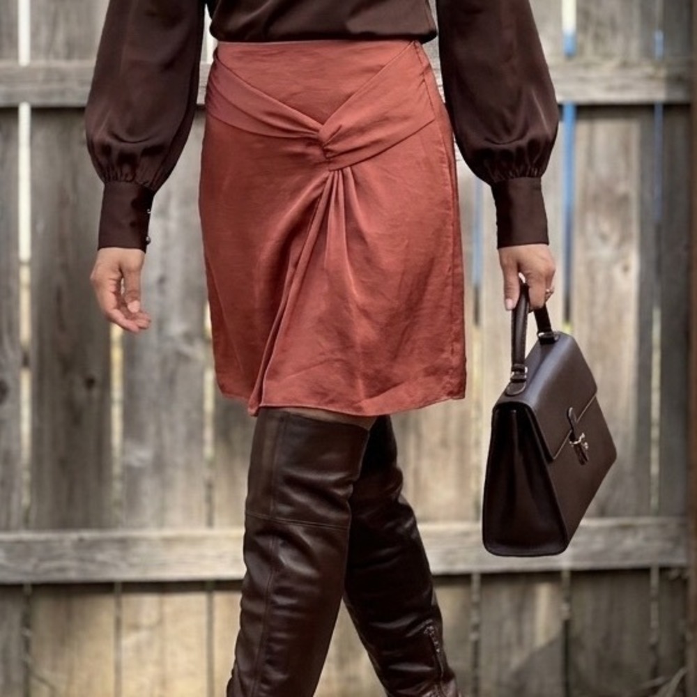 State of Being Rust Terracotta Twist Front Faux Wrap Midi Skirt Womens Size M